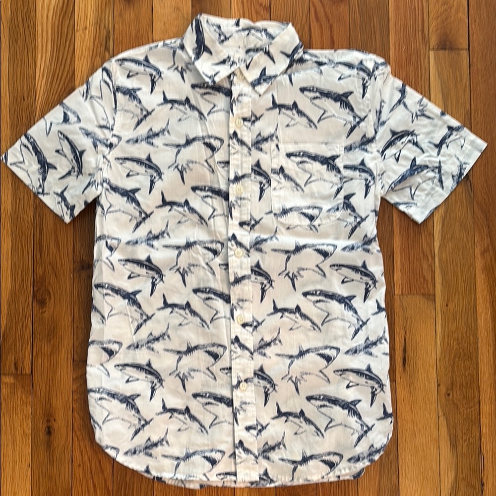 GAP Kids Shark Print Button Down Shirt - White and Blue